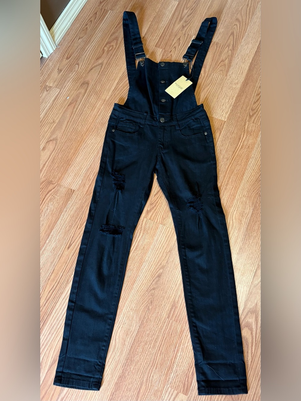 Black Distressed Denim Overalls